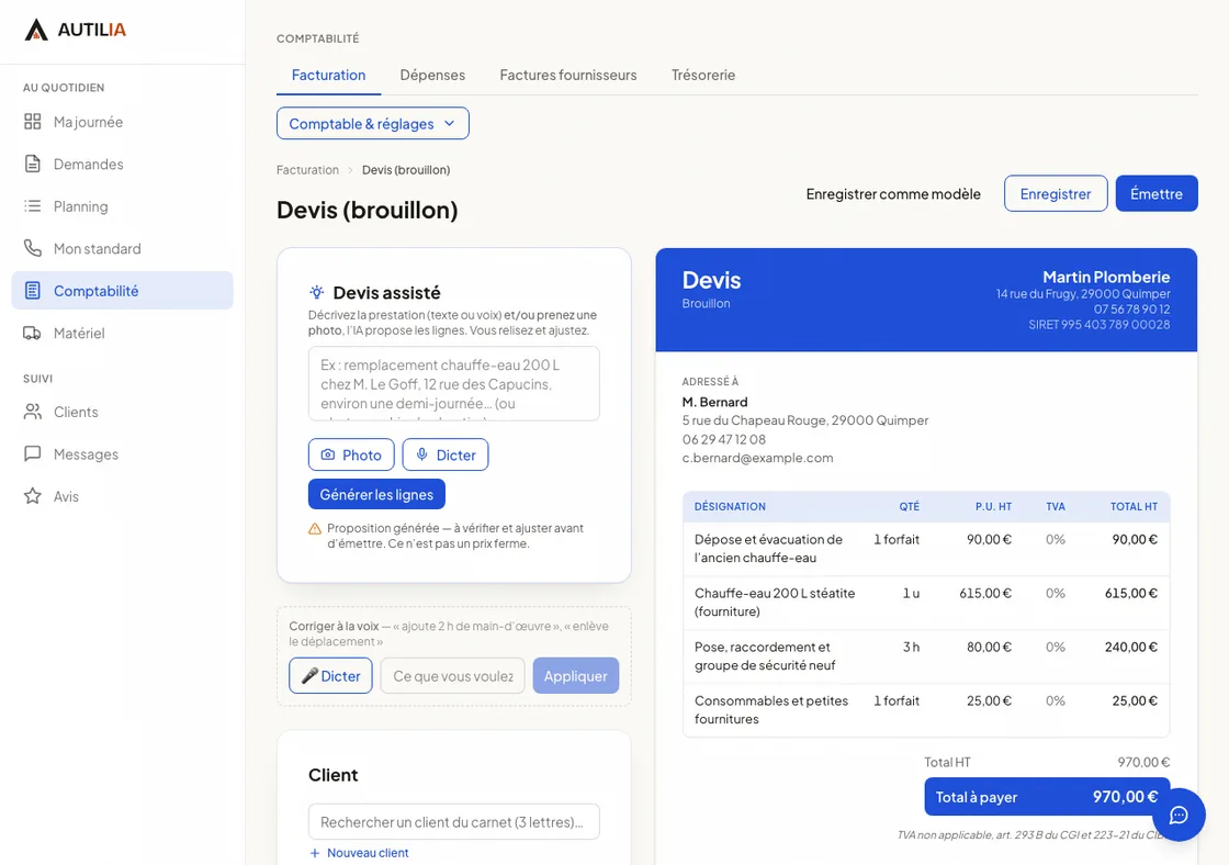 Devis à l’état de brouillon : quatre lignes chiffrées, 970 € au total, et l’avertissement « proposition générée, à vérifier et ajuster avant d’émettre ».