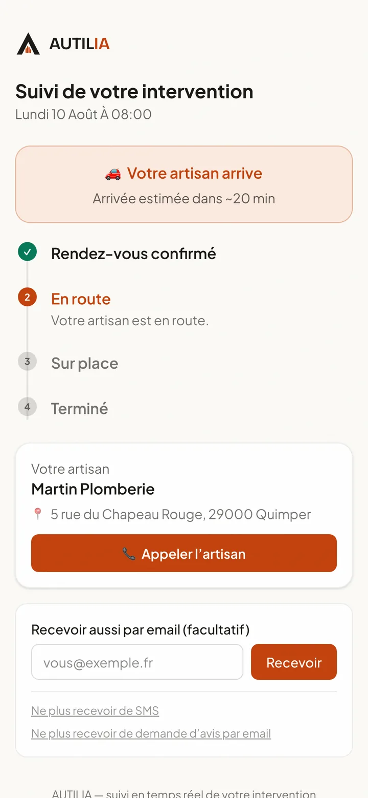 Téléphone du client : « votre artisan arrive », arrivée estimée dans vingt minutes, et les étapes de l’intervention.