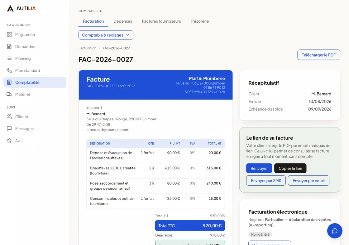 Facture acquittée : 970 €, le même montant que le devis, déjà réglés.