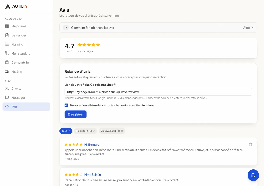 Écran des avis : note de 5 sur 5 et le commentaire laissé par le client.